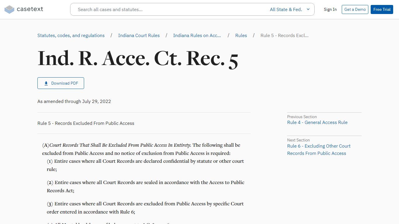 Rule 5 - Records Excluded From Public Access, Ind. R. Acce ...
